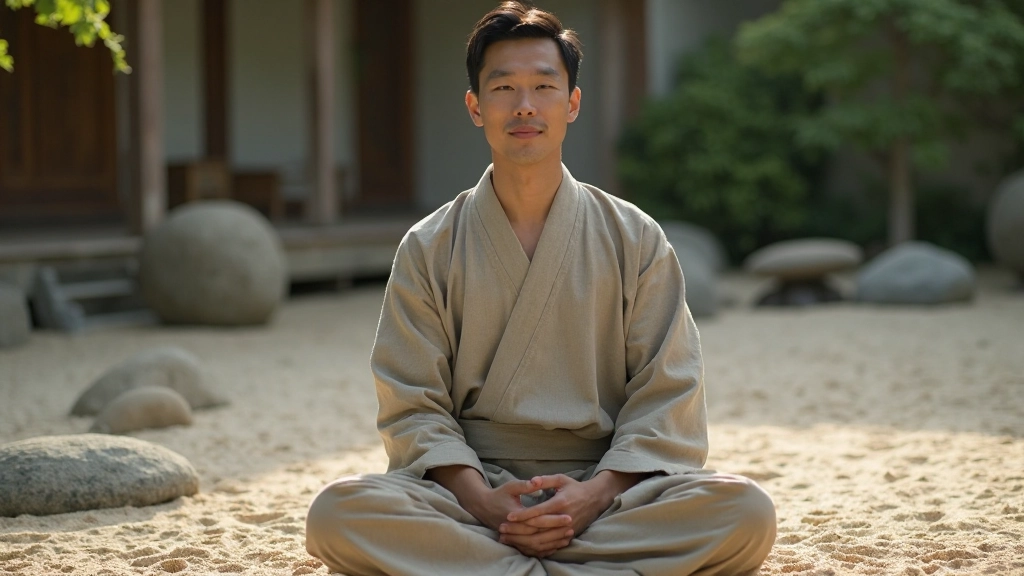 Meditation practitioner sitting in traditional Japanese zen garden surrounded by stone arrangements and peaceful natural elements