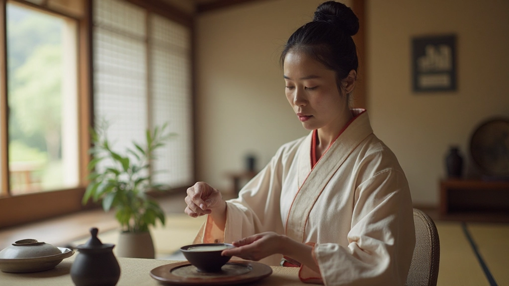 Traditional Japanese tea ceremony practitioner performing precise movements with mindful focus and cultural reverence