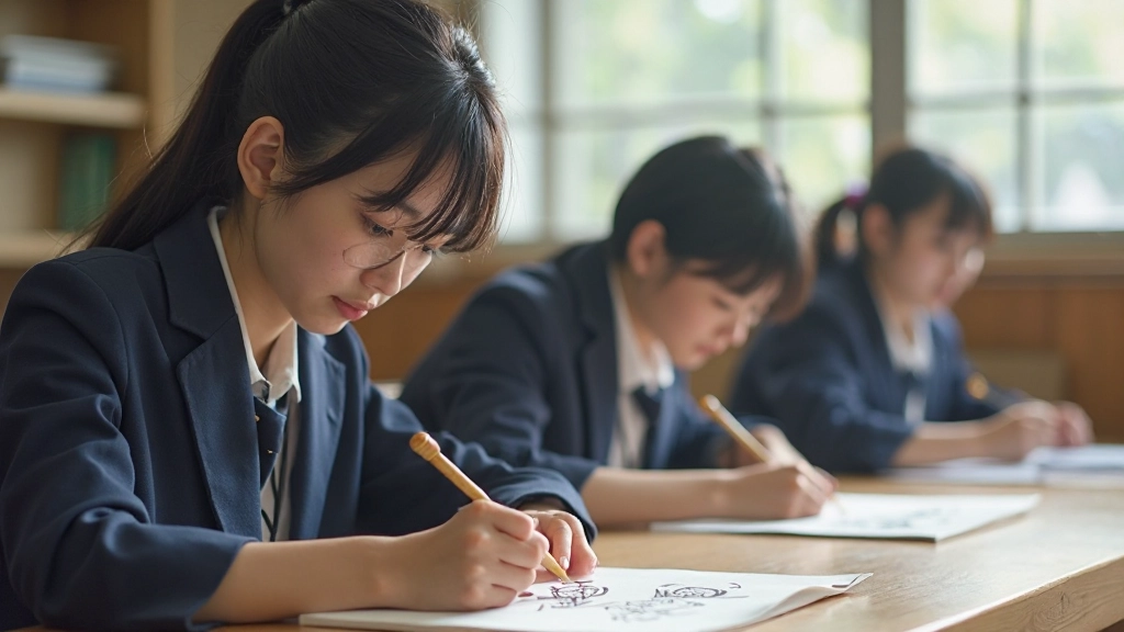 Japanese classroom with students practicing calligraphy and mindful focus on learning materials