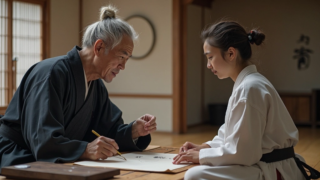 Experienced mentor demonstrating technique or concept to attentive student in traditional learning setting