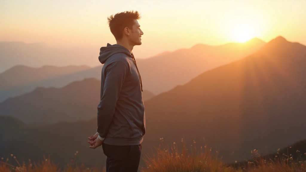 Person at sunrise on mountain peak looking at landscape, representing achievement and perspective gained through consistent personal growth