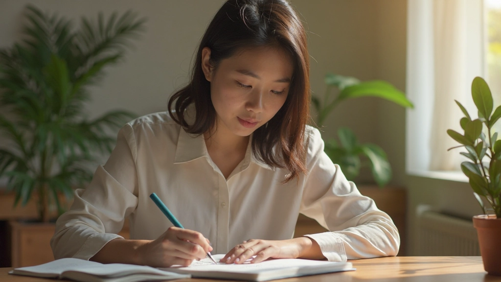 Person reviewing learning journal and notes at desk with traditional and digital tools arranged together
