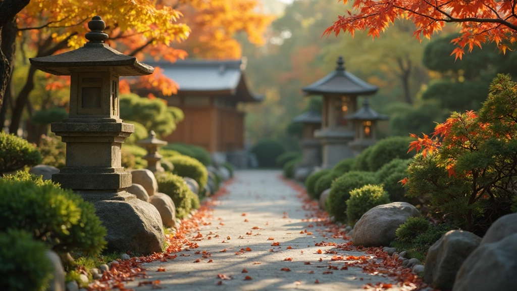 Serene Japanese garden pathway lined with traditional stone lanterns and lush green vegetation representing peaceful learning environment