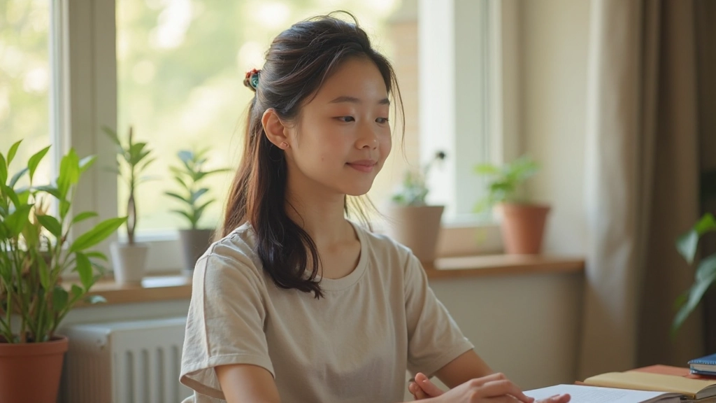 Student meditating peacefully before study session with books and learning materials nearby