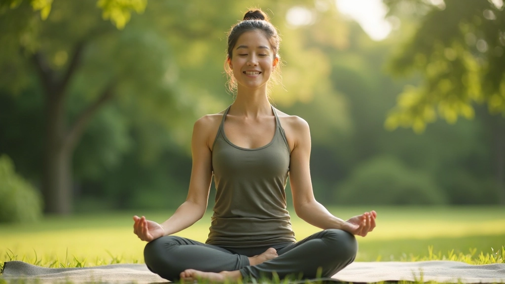 Mindful person in meditation pose in serene natural environment with soft morning light filtering through trees