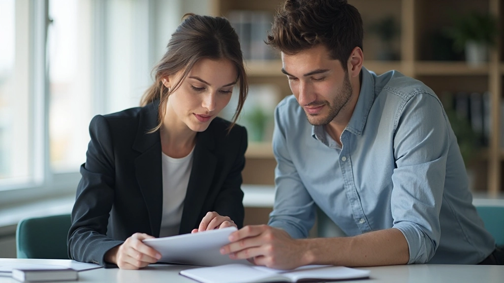 Mentor and mentee collaborating together at workspace, reviewing materials and having productive discussion